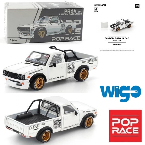 Pop Race Pandem Nissan Datsun 620 white open engine hood Rocket Bunny Racing Idlers PR64-0350 Mini S