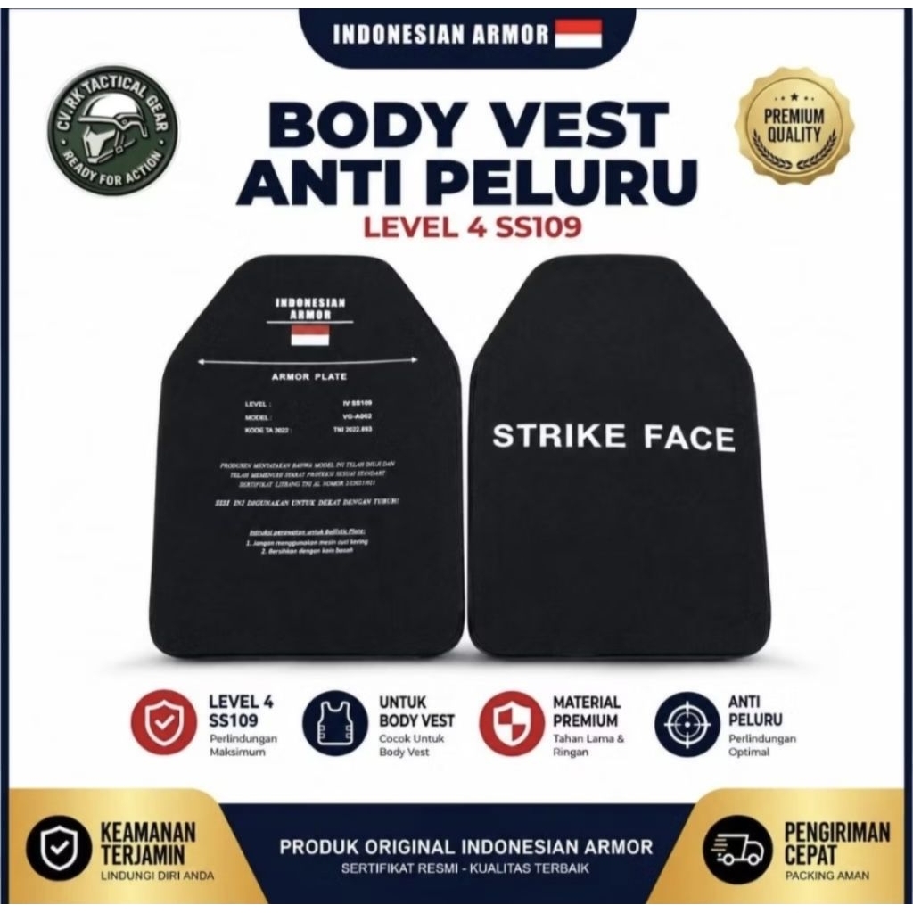 BODY VEST PLAT ANTI PLURU LEVEL IV (4 SS109) | CERAMIC STRIKE BALISTIC PLATE / J-FORCE / AGL