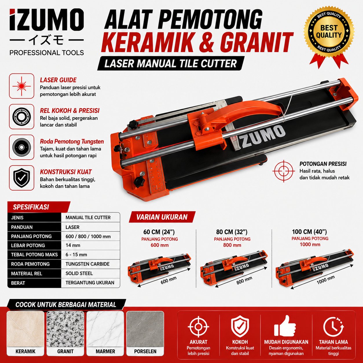 Alat Pemotong Keramik Granit Laser Manual 80cm / Meja Potong Keramik 800mm Bearing Tile Cutter / Mes
