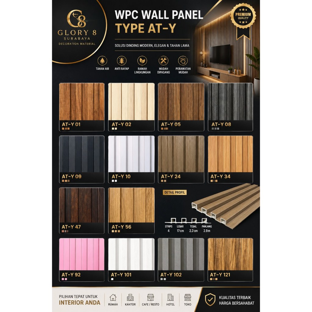 WPC Wall Panel Premium Type AT-Y GLORY 8 SURABAYA, Papan Dinding Modern Berbagai Warna, Premium Qual