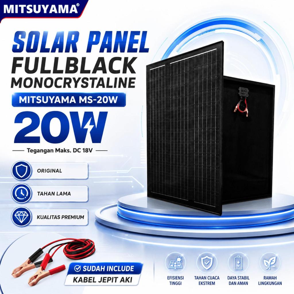 Solar Panel Surya 20W Monocrystaline Full Black Mitsuyama Mono Solar Cell 20 Watt Panel Tenaga Surya