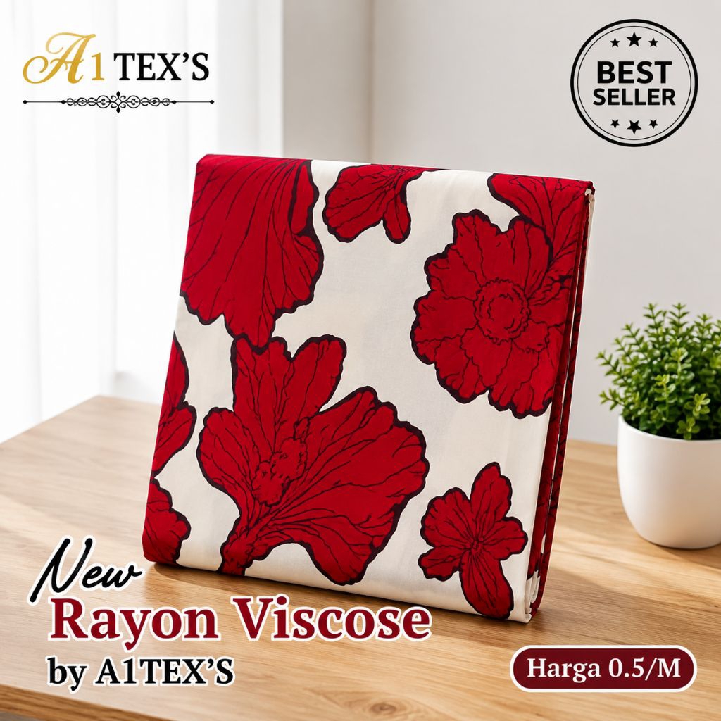 Kain Katun Rayon Viscose Premium - Kain Rayon Viscose Premium Motif Floral Merah Putih - Kain Katun 