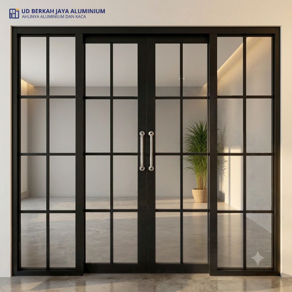 set kusen aluminium pintu seleding kaca+kanan kiri jendela kaca mati sesuai dgn gambar.ukuran T.200x