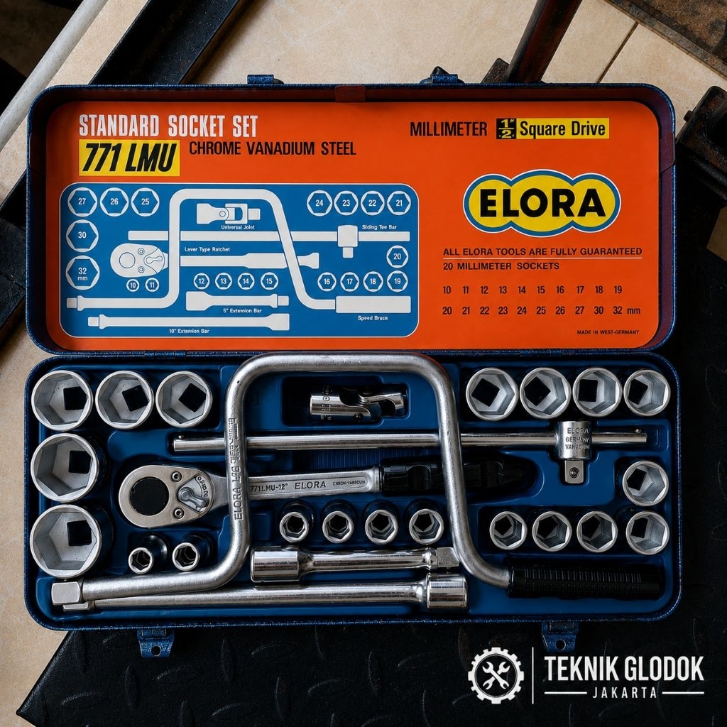 Kunci Shock Set ELORA 1/2 Inch 20 Pcs Socket Wrench Ratchet Soket Germany