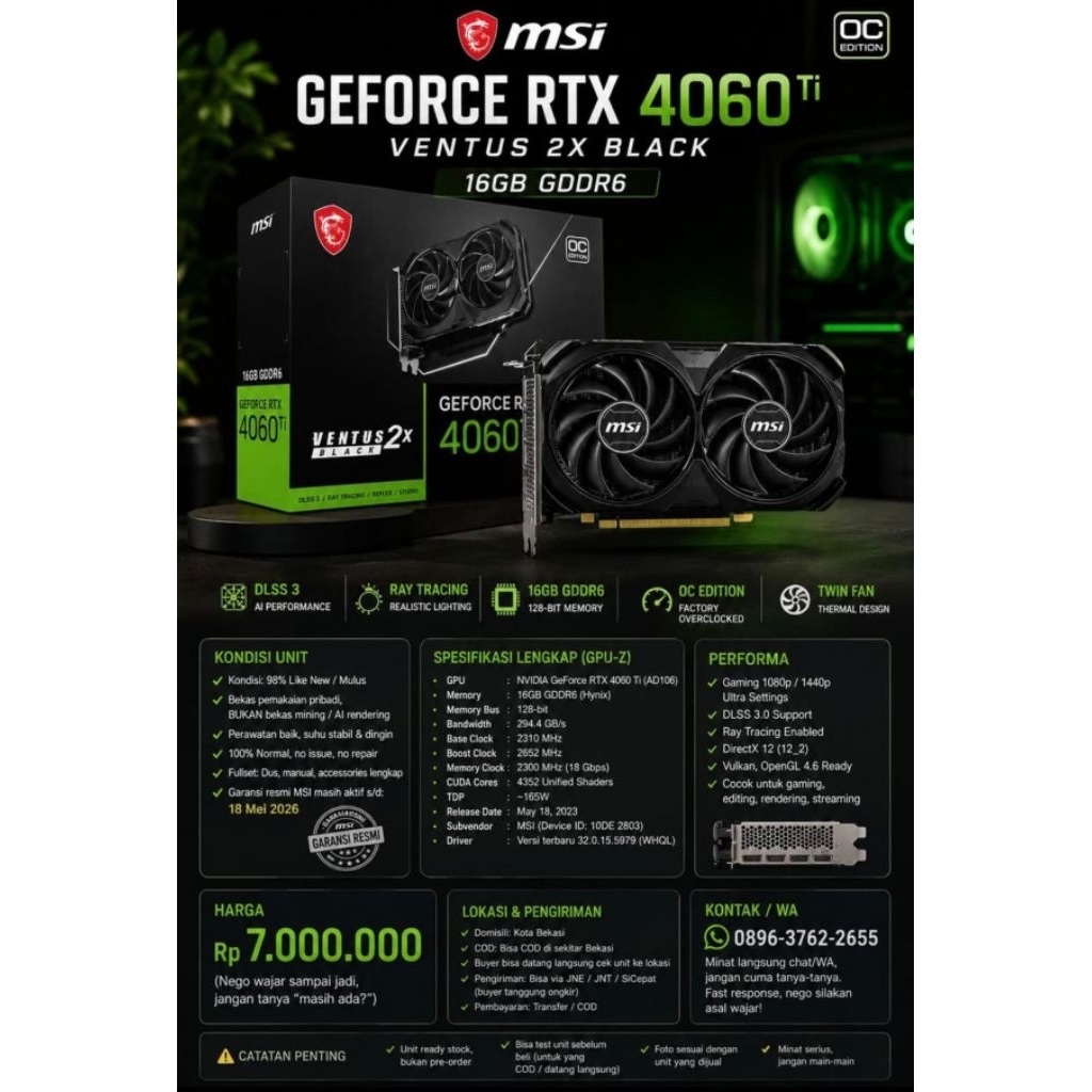 [Second] MSI GeForce RTX 4060 Ti 16GB - Ventus 2X Black