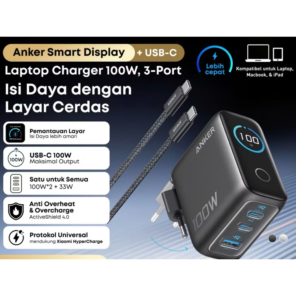Anker Charger 100W Max USB C Charger Block, 3-Port GaNSmart Display