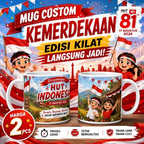 Mug Custom Kemerdekaan Merah Putih Edisi Kilat langsung kirim, Desain Bebas, Harga 2 Pcs, Souvenir