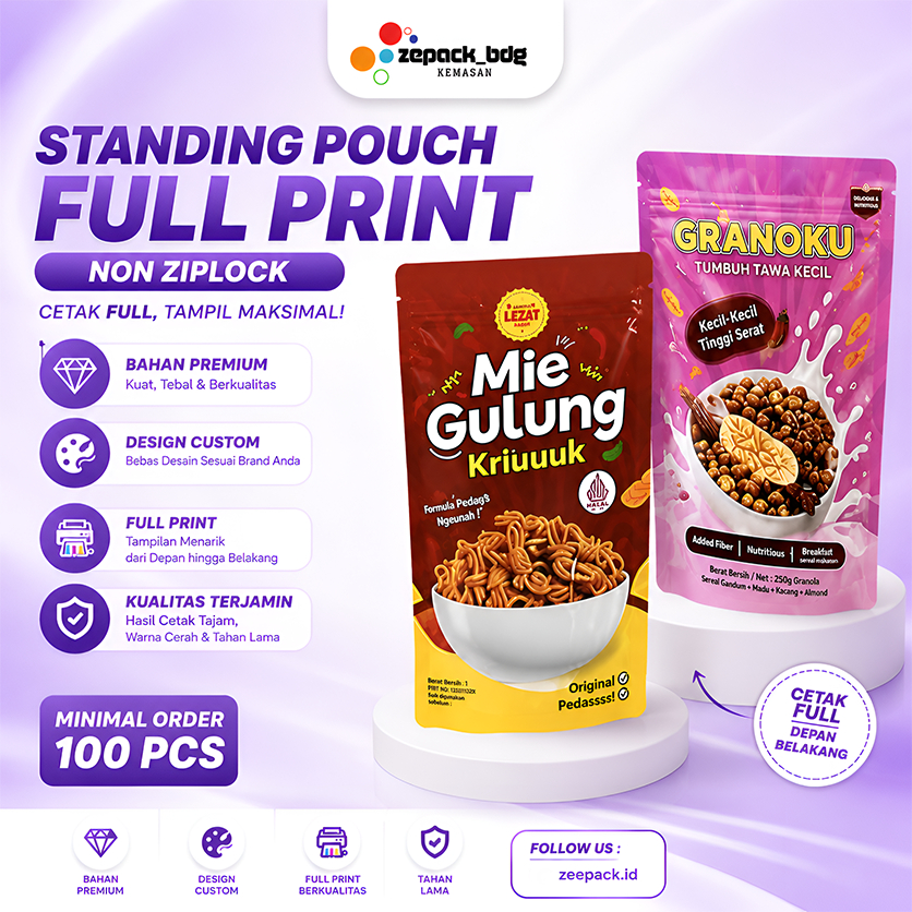 100 PCS - STANDING POUCH CUSTOM NON ZIPLOCK CETAK KEMASAN MAKANAN FULL PRINTING BUNGKUSAN PLASTIK