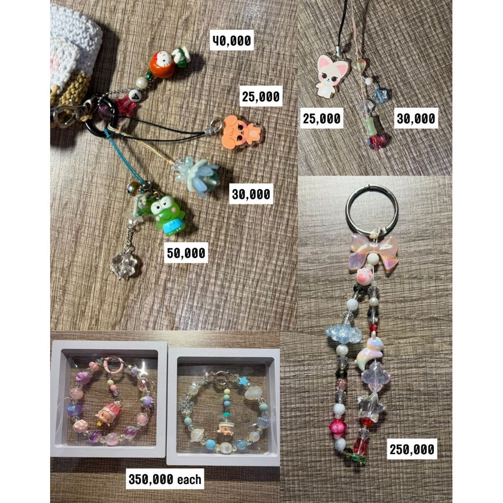 preloved phonestrap charm cat paw pearl blue beads black white strip cute colorful heart ribbon stra