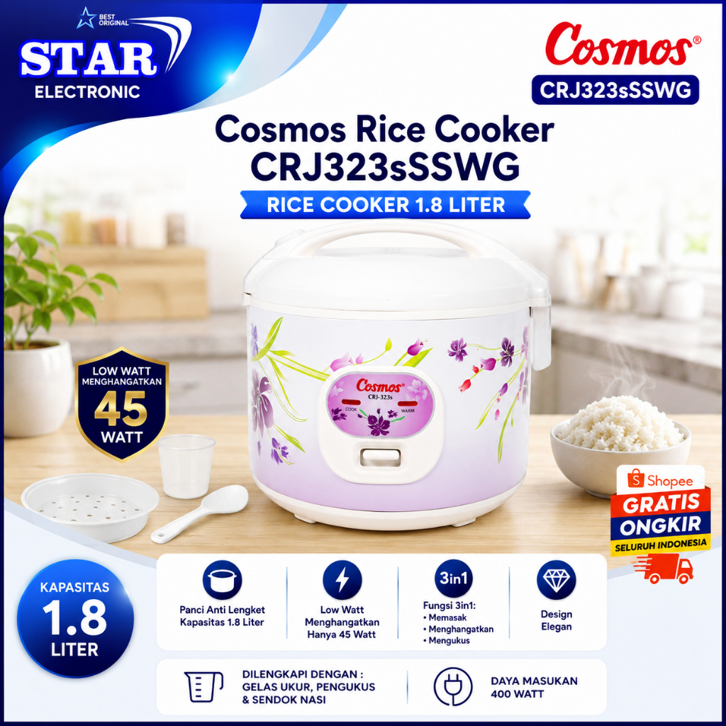 Cosomos Rice Cooker 1,8L CRJ323sSWG/CRJ-323-sSWG/CRJ 323 sSWG/ CRJ323sSWG Rice Cooker Murah/CRJ323S