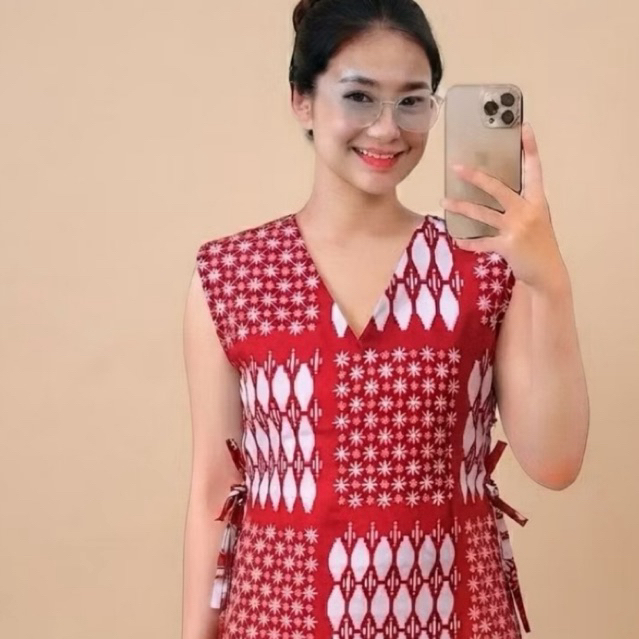 Rompi Batik Wanita ModernVest Batik Wanita Outer Style Kerja BahanKatun Premium Merah Putih