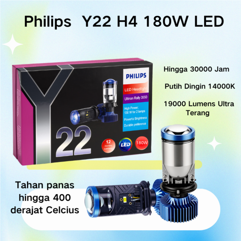 Lampu Depan Mobil LED Philips H4 Y22, Lampu Depan H4, 100W; Lampu Depan Mobil LED Philips, Ultinon R