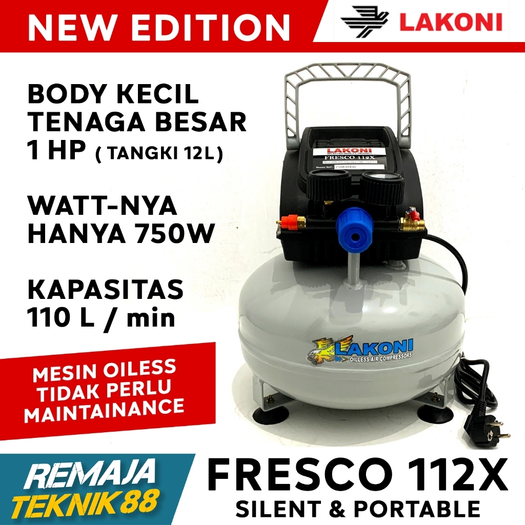 KOMPRESOR ANGIN / 1HP LAKONI FRESCO 112X MODEL TANGKI BULAT SWAN / KOMPRESOR OILESS SILENT / TANPA O