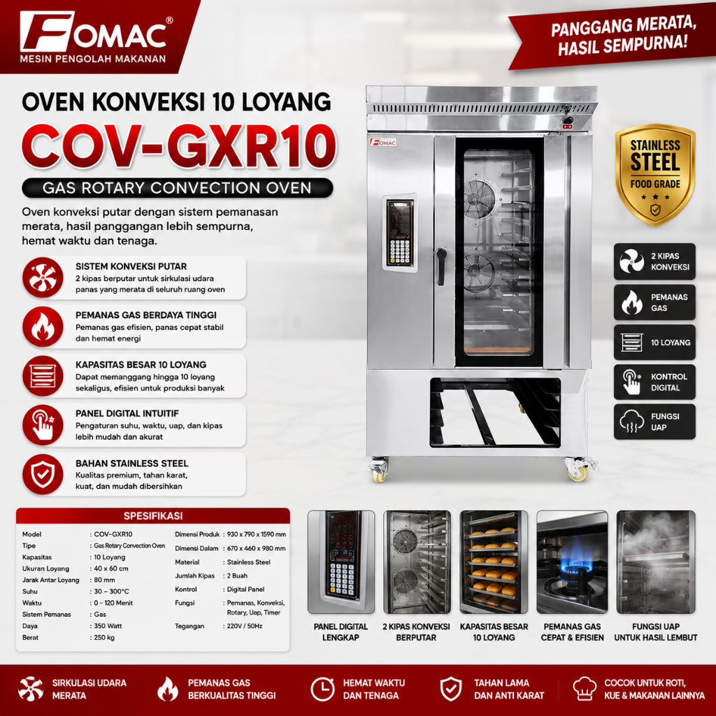 FOMAC OVEN KONVEKSI 10 LOYANG / GAS ROTARY CONVECTION OVEN (FOMAC) COV-GXR10