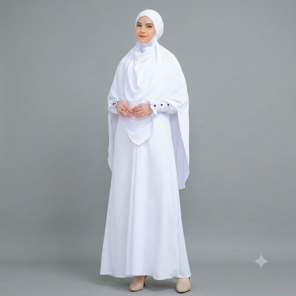 Gamis Wanita Abaya Putih  Madina Umroh Basic Syari Pakaian Muslim Model Terbaru Set Hijab Gamis