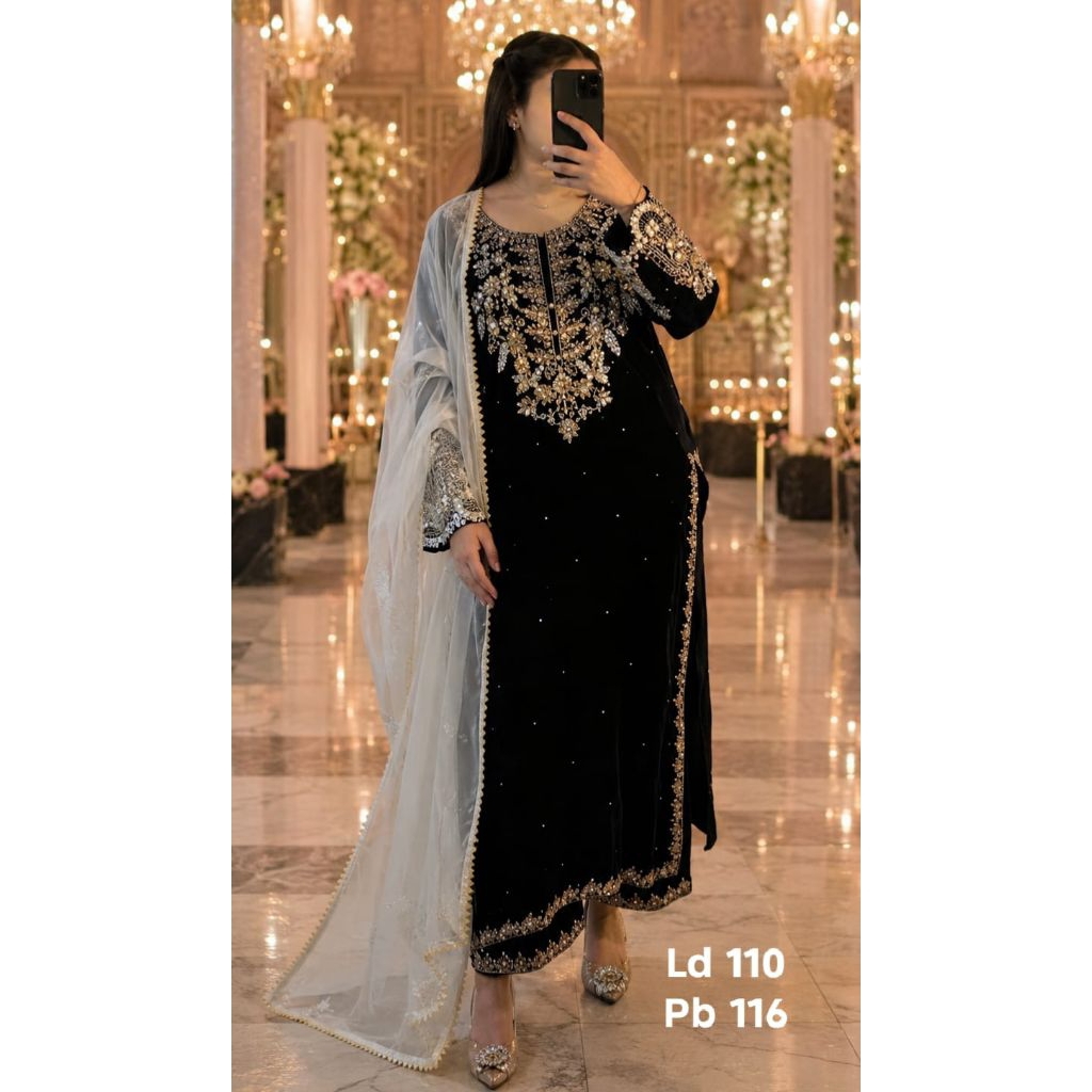 Baju India Pakistan Kurti Kurta Wanita Premium Bordir Set Palazzo Dupatta Hitam Bollywood Party Wear