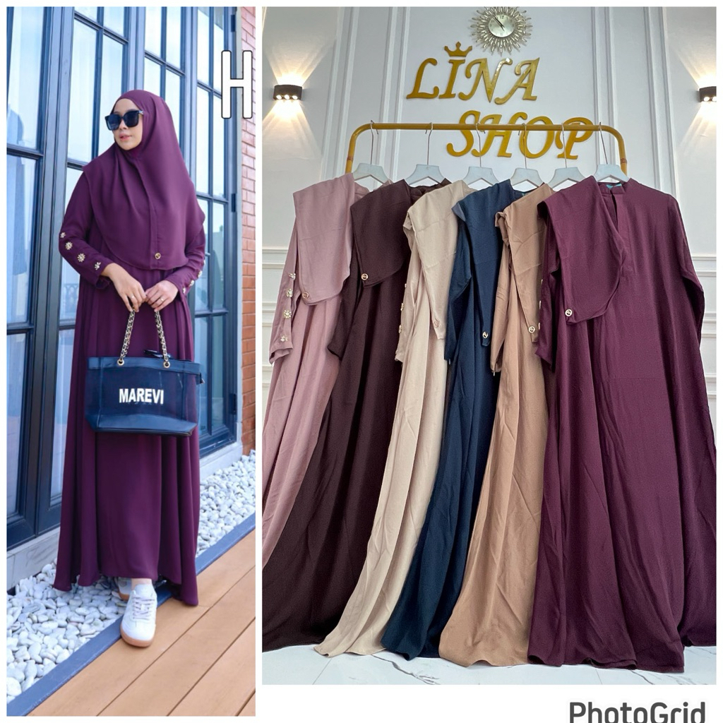 Khalisa dress,gamis syari set hijab hitam wanita premium Marevi hijab segi empat,buat umroh atau aca