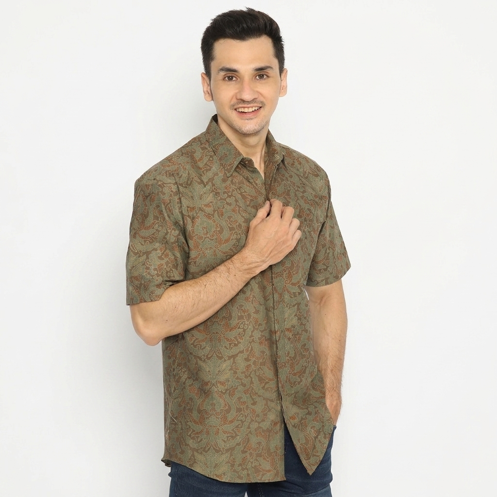 72 Batik - Kemeja Batik Pria Lengan Pendek Hijau Kraton Lawasan Jogja Solo Soga Sage Green Terakota 