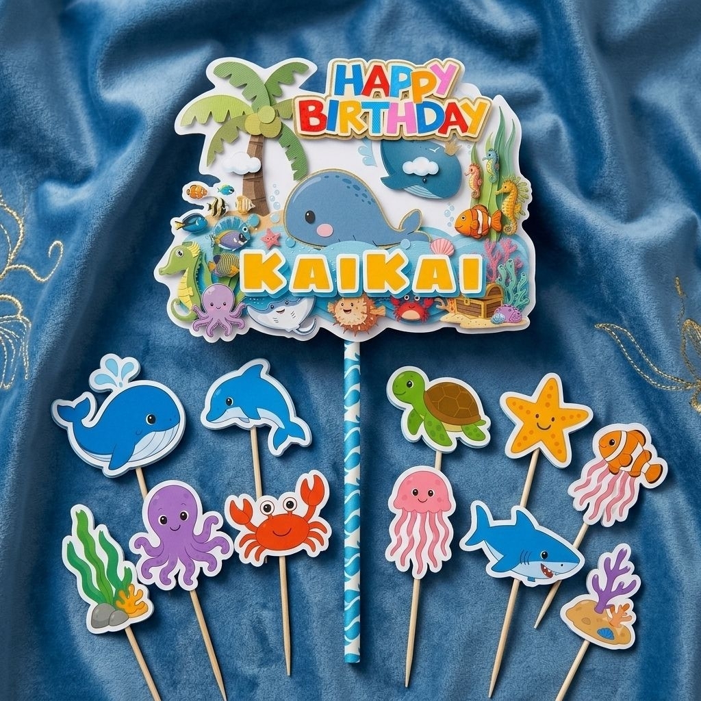 Topper Hewan Laut Ikan Hiu lumba-lumba custom nama Happy Birthday