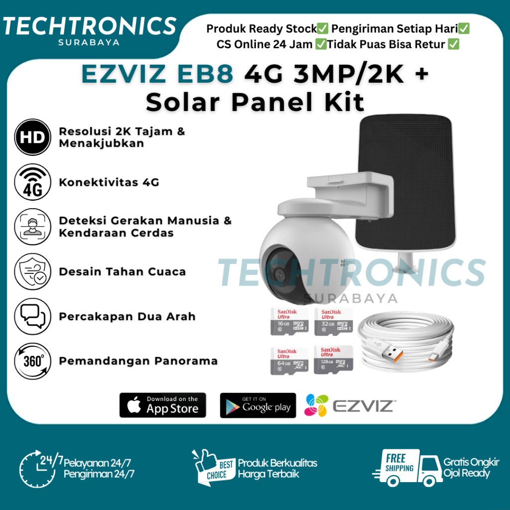 CCTV EZVIZ EB8 4G 3MP/2K + Solar Panel Kit Camera Outdoor Indoor Kamera CCTV Tanpa Wifi Pakai SIM Ca