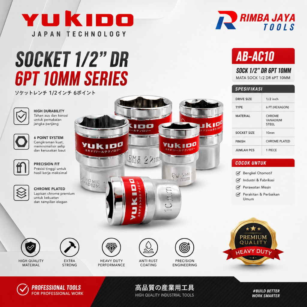 YUKIDO Mata Sock 8 - 32 mm 1/2 Inch 12PT Kunci Sok Hand Socket  TEKIRO Mata Sock 8 - 32 mm 1/2 Inch 
