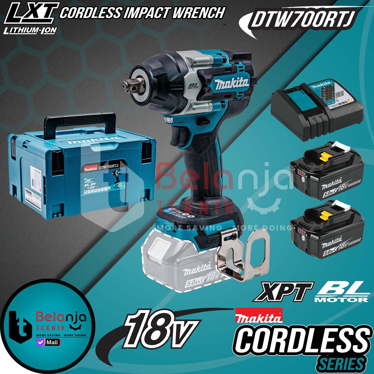 Impact Wrench Cordless MAKITA DTW700 RTJ Pembuka Baut Baterai 1/2 Inch 1/2" 18V DTW 700 DTW700RTJ