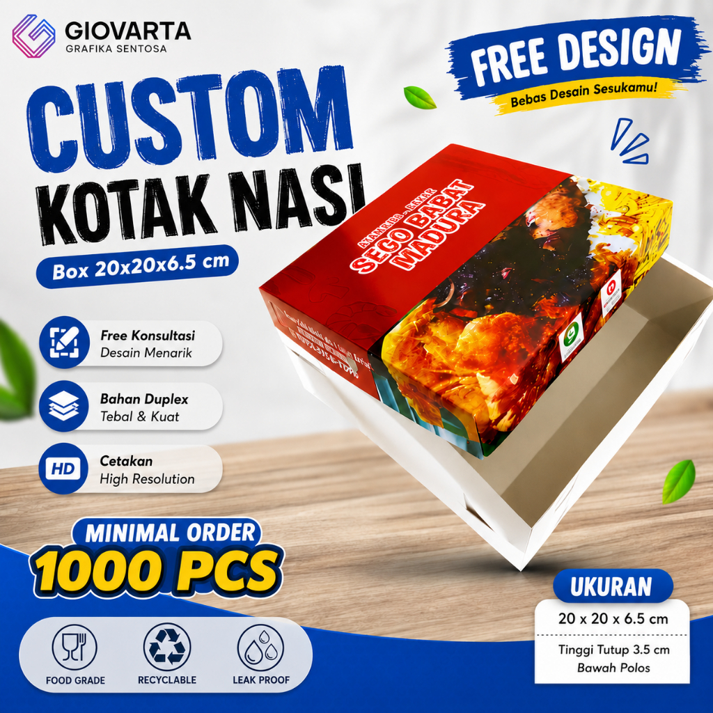 Box Makanan / Paper Box / Lunch Box Paper  Custom Desain Ukuran 20x20 Tutup Setengah