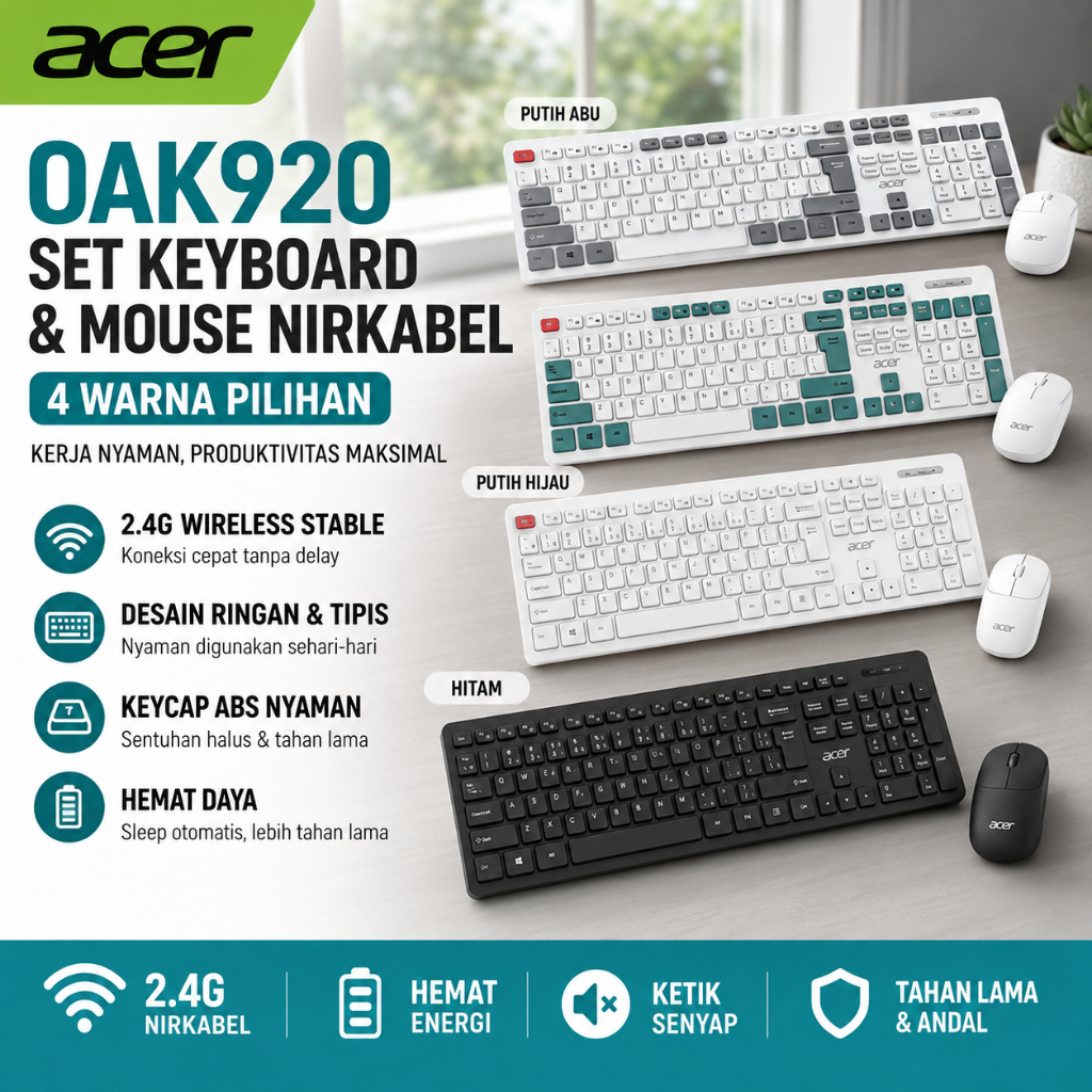 Acer OAK920 PC Papan Ketilk Tetikus Wireless Set Laptop 108 keys Suara Ringan Ergonomi Desain Miring