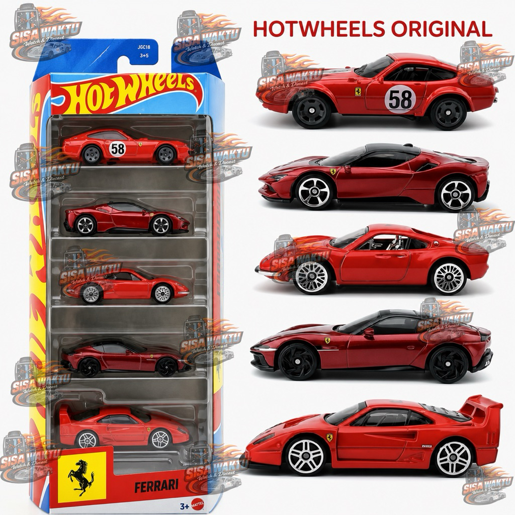 HOT WHEELS FERRARI GIFT PACK / 5 PACK segel box DINO 206 GT / SF90 STRADALE / 365 GTB4 C / 12CILINDR