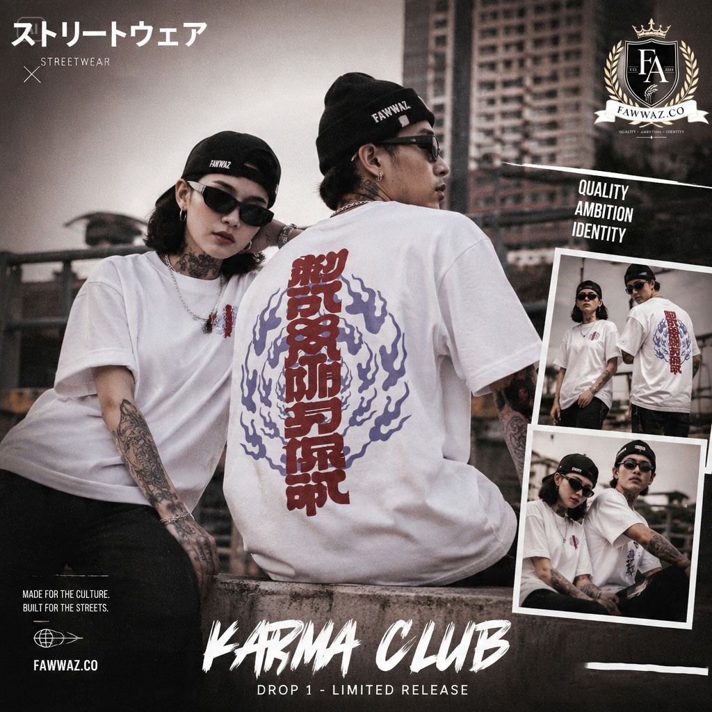 Kaos Streetwear FAWWAZ.CO Putih Motif Api Jepang Limited Release Karma Club