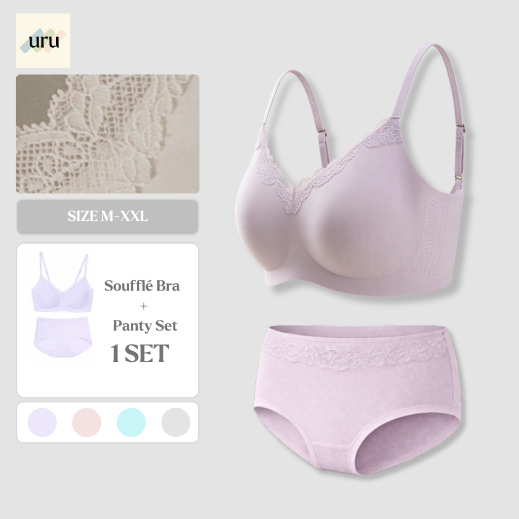 URU [1SET] Soufflé Renda Daleman Wanita Set | Elegan Bra Push Up Tanpa Kawat bh CD Seamless