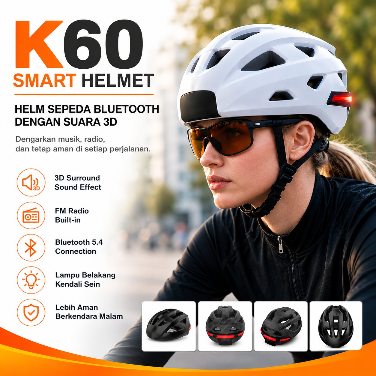 K60 Smart Helmet Helm Sepeda Bluetooth 5.4 Lampu Sein LED FM Radio Cycling Helmet