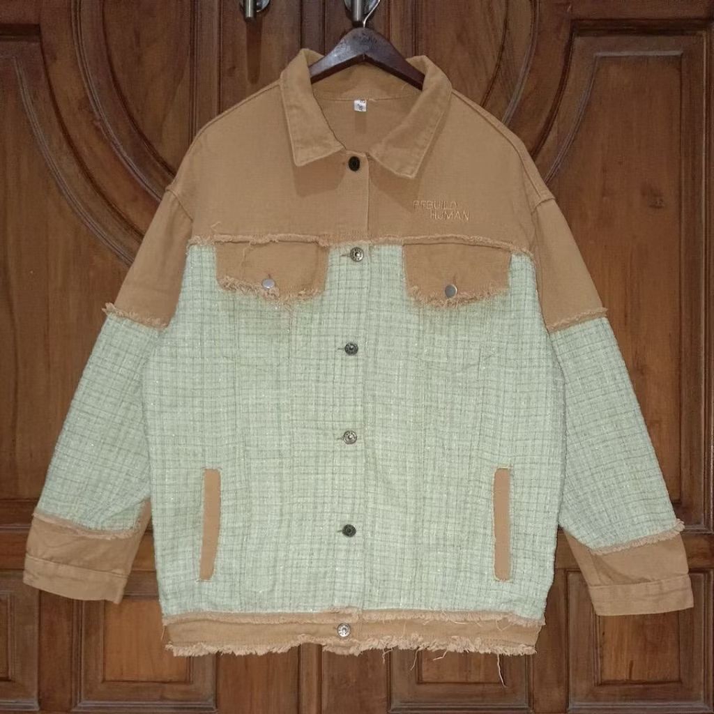 PRELOVED Jaket Denim Mix Tweed Wanita Cokelat Washed Sage Blink Bigsize LD 116