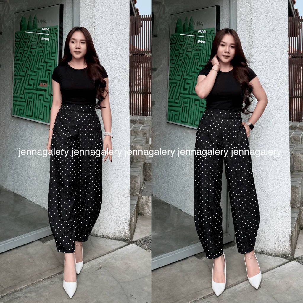 Polka Barrel Pants – Celana Panjang Bawahan Wanita Katun Streetwear Style Skena High Waist Santai Ny