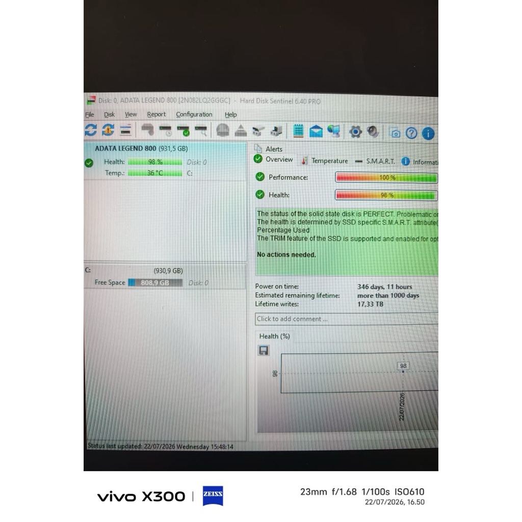 SSD ADATA LEGEND 800 1TB HEALTH 98%