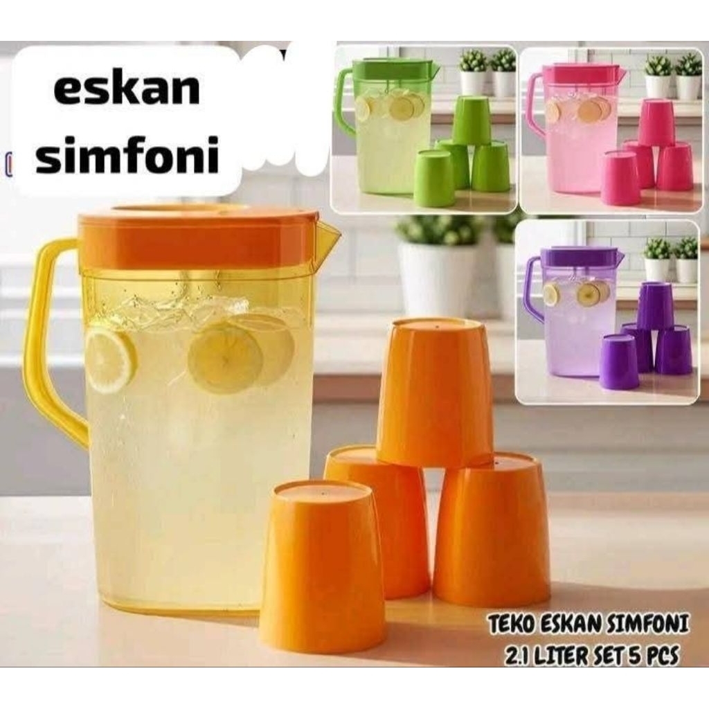 Teko Jug Eskan Simfoni 2.1 Liter Set 5 Pcs Botol Es Kaca Dengan 4 Gelas Warna-Warni