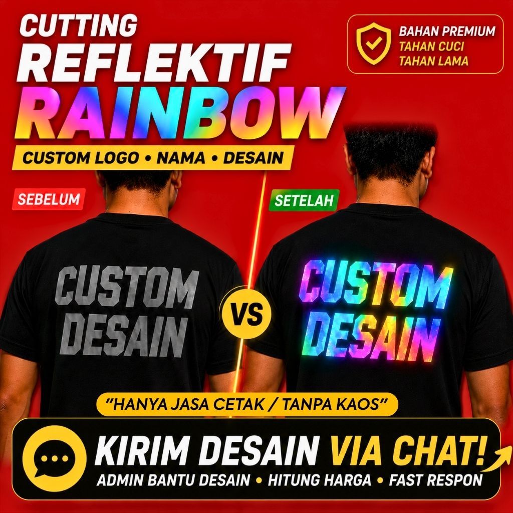 Jasa Cutting Polyflex Custom Logo Kaos Reflektif Rainbow Menyala Pelangi | Siap Press | Vendor Sablo