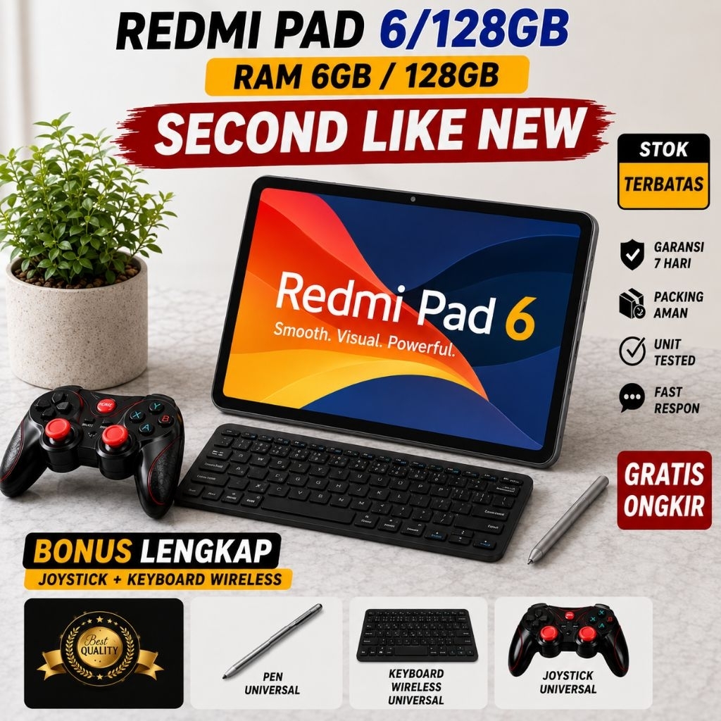 Redmi Pad 6 128GB Ram 6 Second Like New Bonus Keyboard Pen Joystick Tablet Xiaomi Fullset Siap Pakai