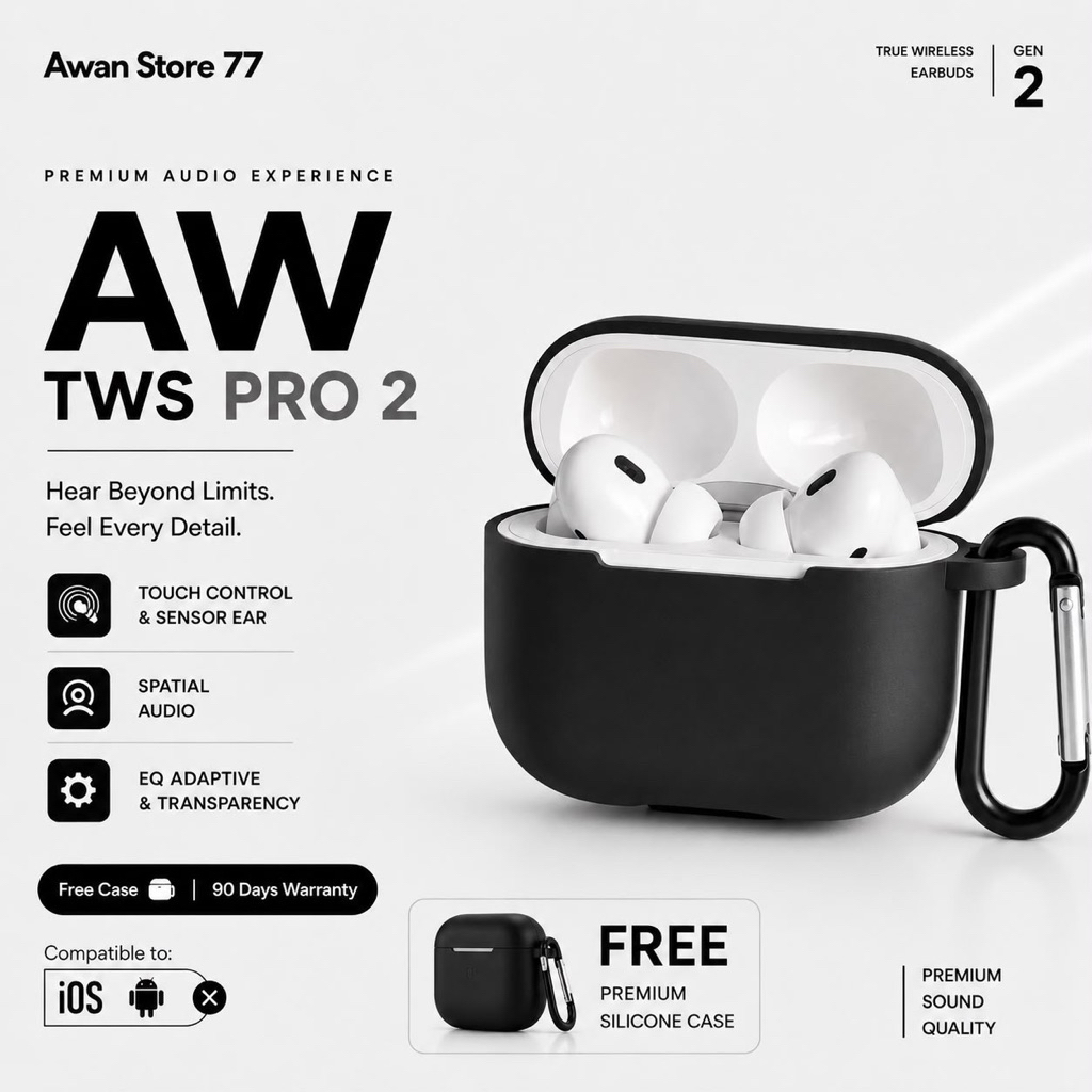 [BEST SELLER] FREE CASE TWS Pro 2  ANC Wireless Earphone Bluetooth + Free Premium Silicone Softcase 