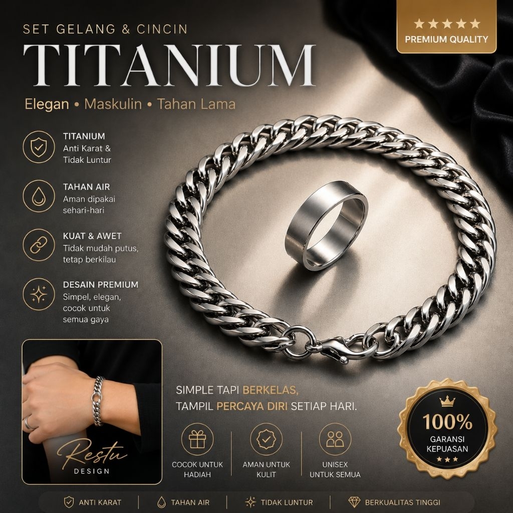 MURMER - Satu Paket Gelang Rantai Titanium Dan Cincin Model Punk Pria Dan Wanita