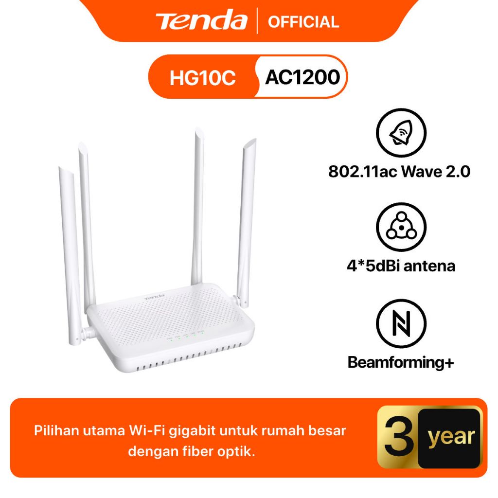 Tenda HG10C AC1200 WiFi 5 XPON ONT Modem Fiber - Dual Band 2.4G & 5G, 4×GE Gigabit Port + VoIP, 4 An