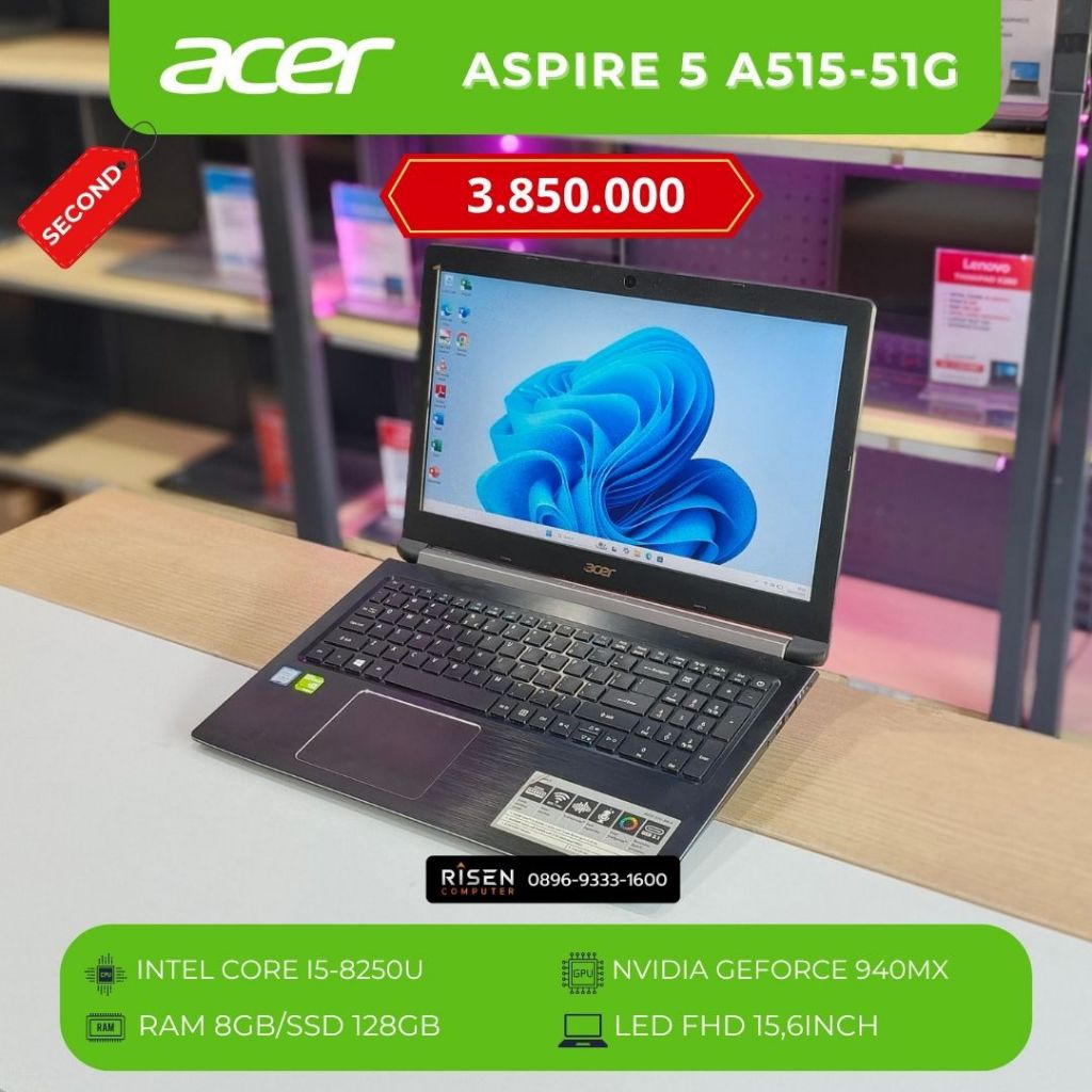 ACER ASPIRE 5 A515-51G INTEL CORE I5-8250U RAM 8GB SSD 128GB FHD 15,6inch Notebook Second Bekas Lapt