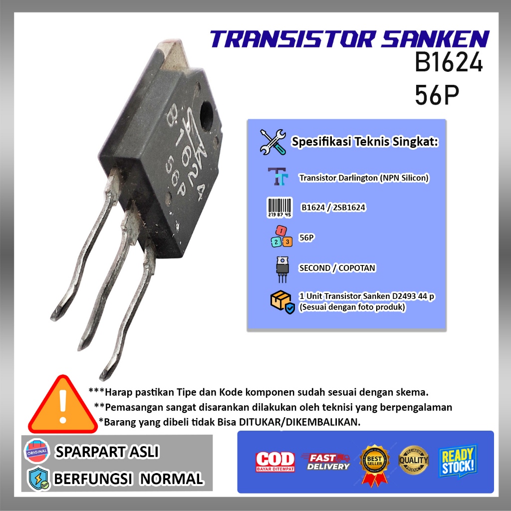 Transistor Sanken B1624 56P Darlington NPN Silicon, Second/Copotan, Sparpart Asli