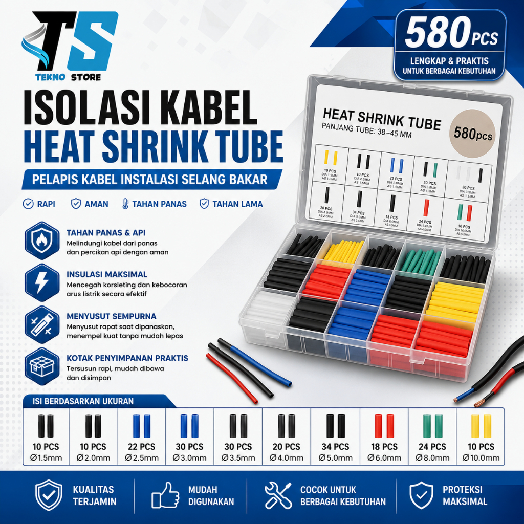Isolasi Kabel head shrink pelapis kabel instalasi selang bakar 580 pcs - Teknologi Store