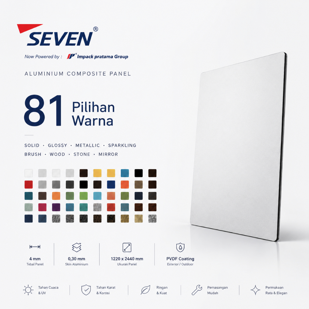 SEVEN ACP Panel Aluminium 4mm PVDF 0.3 Komposit Exterior 1220x2440 Lembaran