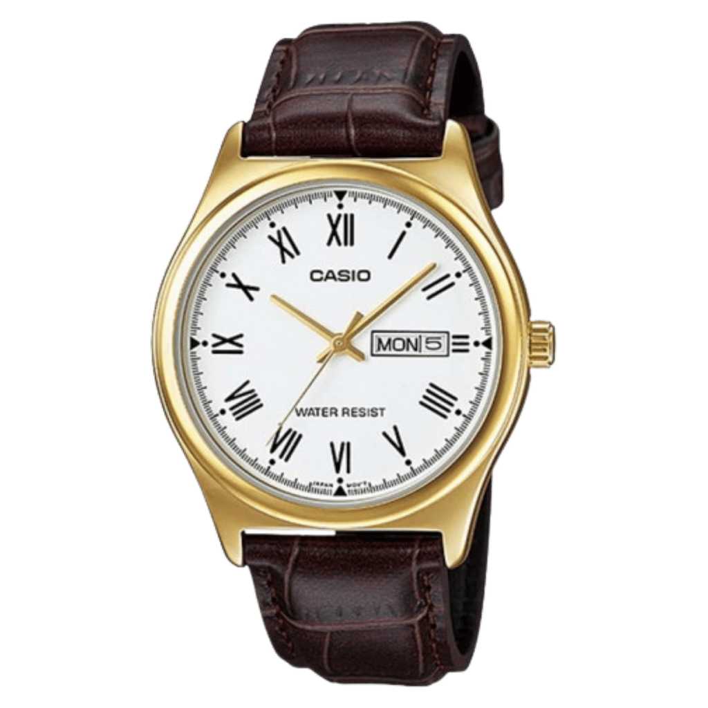 Galery Jam Tangan  Casio General MTP-V006GL-7BUDF Brown Gold Dial White Leather Strap