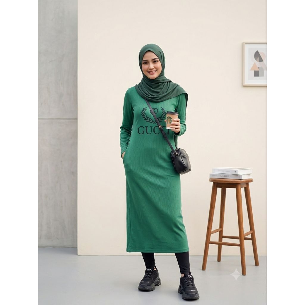 Dress Gucci Wanita Dewasa Kaos Hijau Preloved