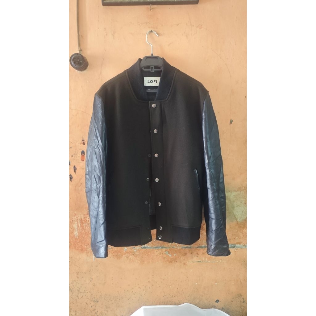 jaket varsity wool mix lengan kulit