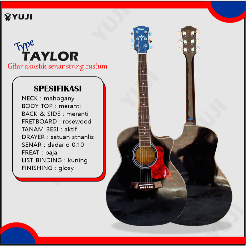 Gitar Akustik Senar String Custum Taylor Yuji Hitam Meranti Mahogani Finishing Glossy