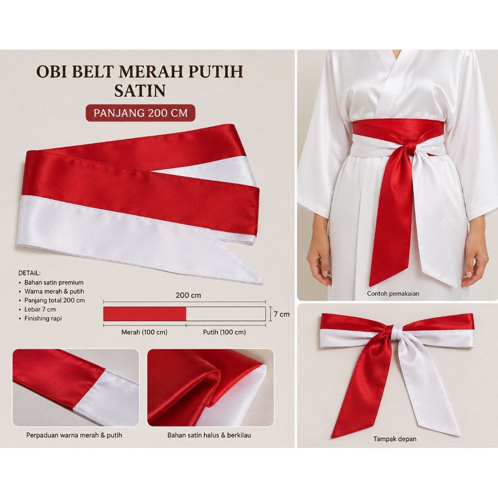 Obi Belt satin kombinasi merah putih obi belt kemerdekaan satin panjang 200 cm